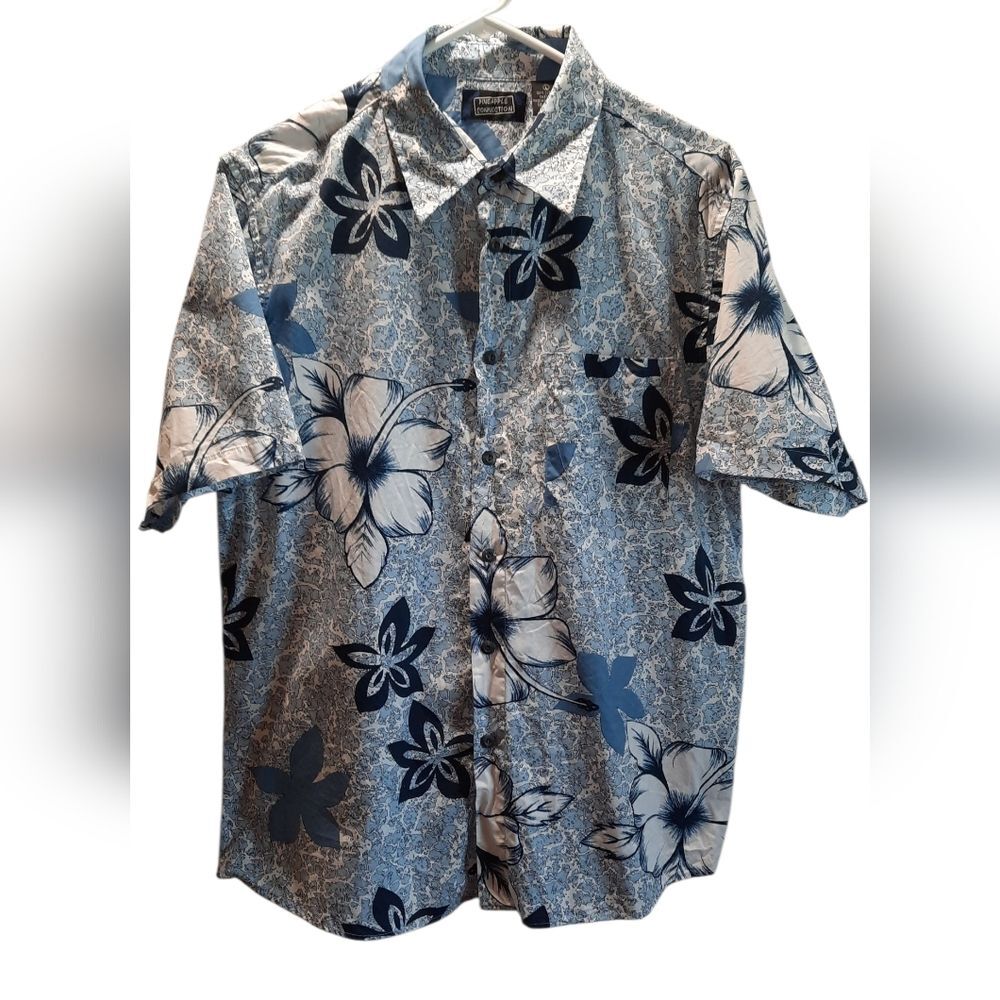Pineapple Connection Shirt Mens Large Blue Tropical Floral Button Up Hawaiian